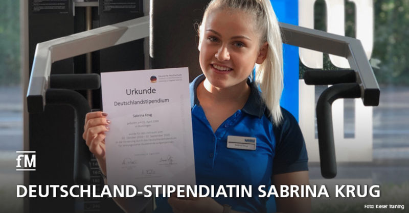 Sabrina Krug, Studentin der Deutschen Hochschule für Prävention und Gesundheitsmanagement (DHfPG), wurde als Stipendiatin des Deutschlandstipendiums für das Wintersemester 2019 ausgewählt.