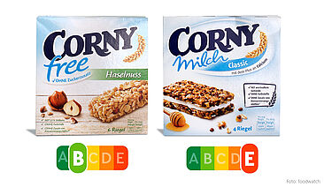 Corny Free enthält kaum gesättigte Fette und Zucker, dafür viele Proteine und Ballaststoffe – deshalb trägt er den Nutri-Score B. Corny Milch dagegen enthält mehr Zucker und Fett als eine Schoko- Sahne-Torte – der Nutri-Score entlarvt ihn auf einen Blick.