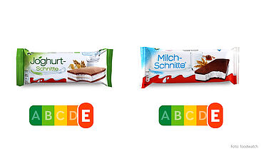 Das Verpackungsdesign der „Joghurt-Schnitte“ von Ferrero lässt einen leichten Snack vermuten – der Nutri-Score zeigt, dass sie genauso wie die Milchschnitte in Wahrheit eine Zucker-Fett-Bombe ist.