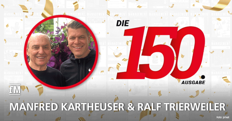 Manfred Kartheuser und Ralf Trierweiler von den juka dojo Fitness Clubs gratulieren zur 150. Ausgabe der fitness MANAGEMENT international (fMi)