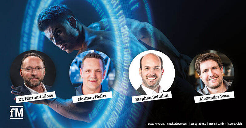 Vier Fitnessexperten geben Tipps fürs Innovationsmanagement im Studio: Dr. Hartmut Klose und Norman Heller (Enjoy Fitness), Alexander Sosa (Sports Club) und Stephan Schulan (BestFit Group).