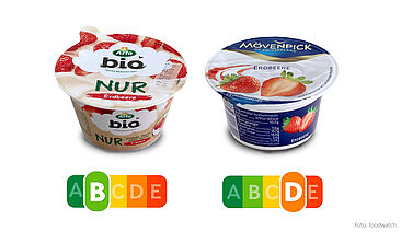 Der Mövenpick Erdbeere Feinjoghurt enthält doppelt so viel Zucker, doppelt so viele Kalorien und vier Mal so viel gesättigte Fette wie der Arla Erdbeerjoghurt. Der Nutri-Score zeigt auf einen Blick, welcher Joghurt die gesündere Wahl ist.