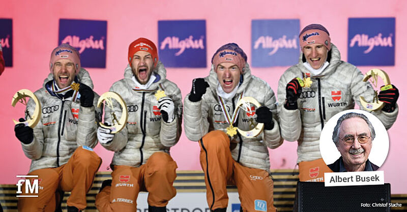 Albert Busek kommentiert die Goldmedaille des deutschen Skisprungteams bei der Nordischen Ski-Weltmeisterschaft in Oberstdorf um Pius Paschke, Severin Freund, Markus Eisenbichler und Karl Geiger.