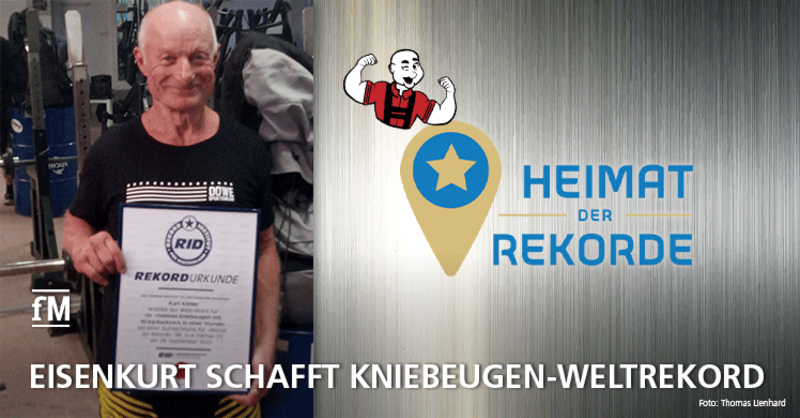 Eisenkurt (bürgerlich: Kurt Köhler) stellt in der Fernsehsendung 'Heimat der Rekorde' einen neuen Weltrekord im Kniebeugen auf
