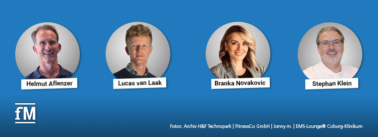 DSSV-Mitglieder im Interview: Helmut Aflenzer (Health & Fitness TechnoPark), Lucas van Laak (Fitness & Co.), Branka Novakovic (JONNY M. Group) und Stephan Klein (EMS-Lounge®)