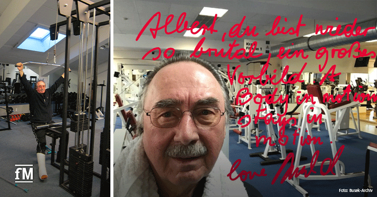 Knöchel OP am 28.12.13 (Unfall), 1. Training der nicht betroffenen Muskulatur am 06.01.14 nach dem Prinzip 'vorsichtig um die Verletzung herum trainieren'. Von meinem Geburtstags-Training am 11.10.2017 schickte ich Arnold dieses Selfie und er baute mich wenige Minuten später mit diesen Worten auf.