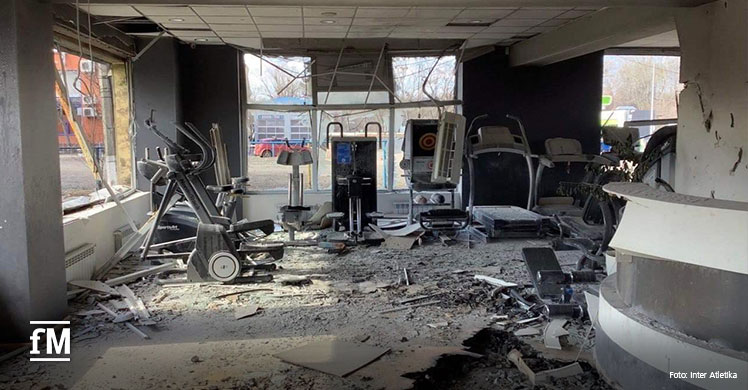 Hier ist kein Training mehr möglich: Der durch den Ukraine-Krieg zerstörte Showroom des Fitnessgeräteherstellers Inter Atletika in Kyiv.