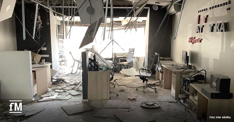 Das durch den Ukraine-Krieg zerstörte Büro im Showroom des Geräteherstellers Inter Atletika in Kyiv.
