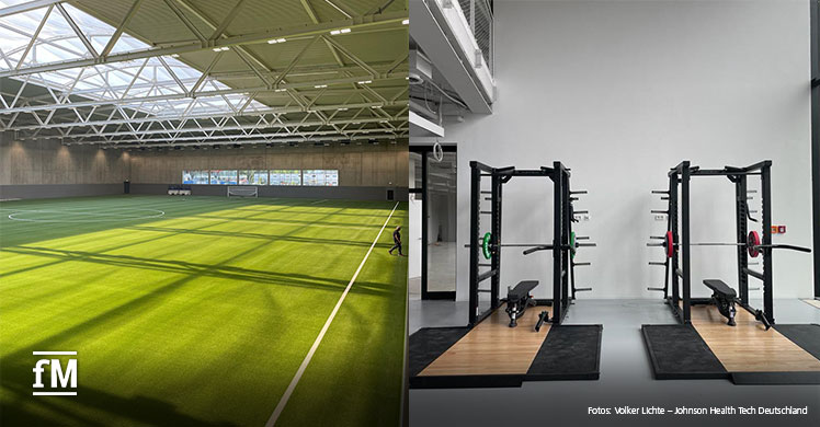 The large artificial turf hall with FIFA dimensions and training equipment from Matrix Fitness on the new DFB campus in Frankfurt-Niederrad.