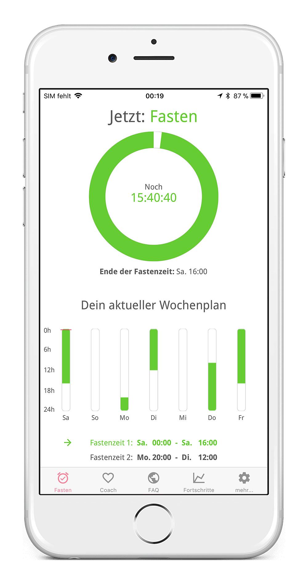 Der Wochenplan zeigt genau, in welcher Phase sich der Nutzer gerade befindet: Fasten oder Essen.