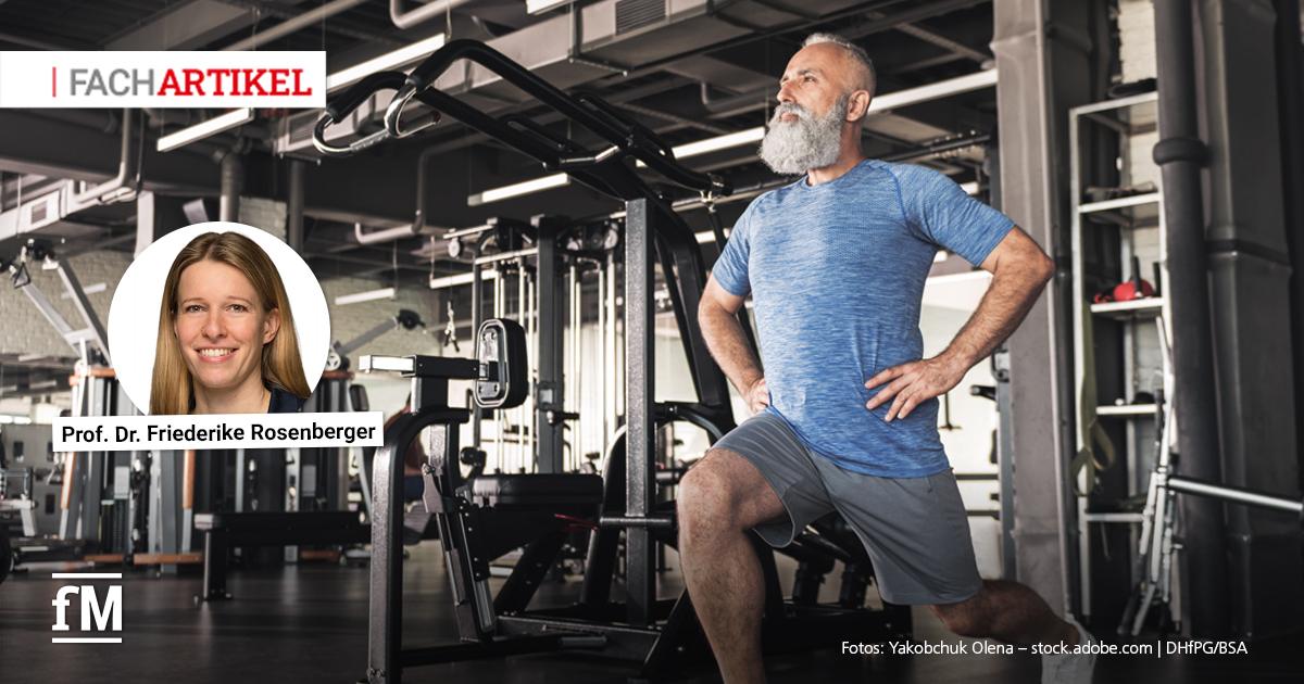 Ein älterer Mann macht im Fitnessstudio einen Ausfallschritt. Im Vordergrund ist Krafttrainings-Equipment. Links oben eingeblendet ist ein rundes Porträt von Prof. Dr. Friederike Rosenberger.