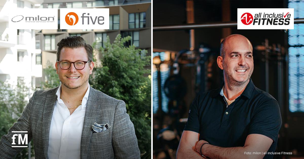 Links Bernhard-Stefan Müller, CEO der milon industries GmbH, graues Sakko, draußen, urbaner Hintergrund; rechts Stephan Schulan, CEO von all inclusive Fitness, schwarzes Shirt, im Fitnessstudio