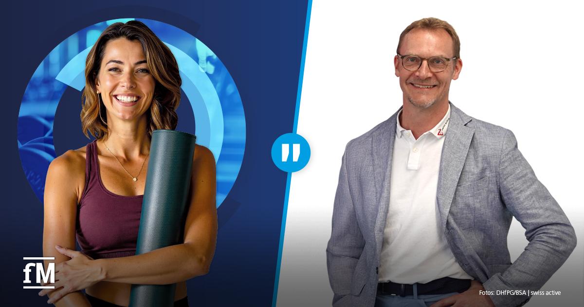 Eine sportliche Frau mit braunen Haaren hält eine Yogamatte und lächelt. Daneben steht Marcus Schwedhelm in weißem Hemd und grauem Sakko auf hellem Hintergrund.