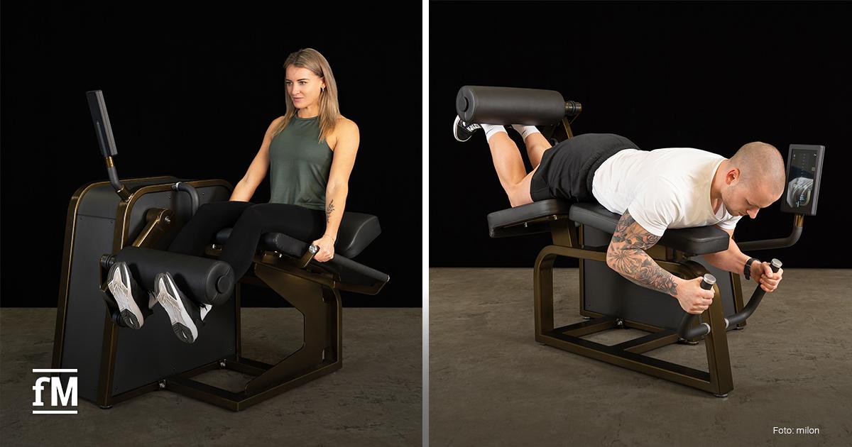 Ein geteiltes Bild. Links trainiert eine Frau, rechts ein Mann an Fitnessgeräten.