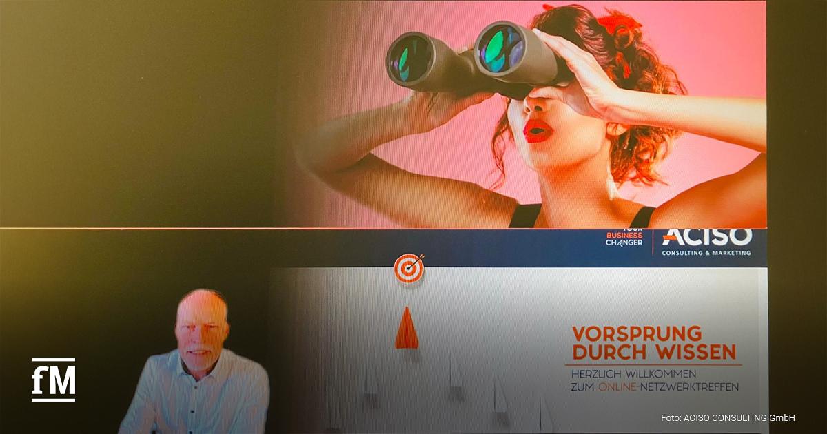 Geteiltes Bild mit zwei Szenen: Oben eine Frau mit roten Lippen und hochgestecktem Haar, die mit einem Fernglas in die Ferne blickt; daneben das ACISO-Logo. Unten ein Screenshot eines Online-Meetings mit einem Mann (Moderator Thomas Taimer) in hellem Hemd und einem Banner mit der Aufschrift 'Vorsprung durch Wissen – Herzlich willkommen zum Online-Netzwerktreffen'