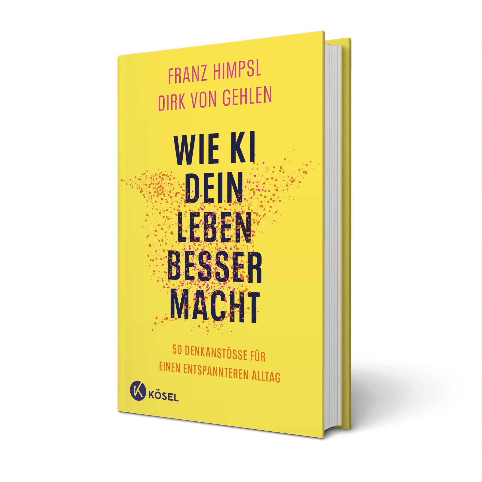 Buchcover des Titels 'Wie KI dein Leben besser macht' vor weißem Hintergrund. Das grafisch gestaltete Cover zeigt den Buchtitel in großer schwarzer Schrift auf gelbem Hintergrund mit geometrischem Muster.