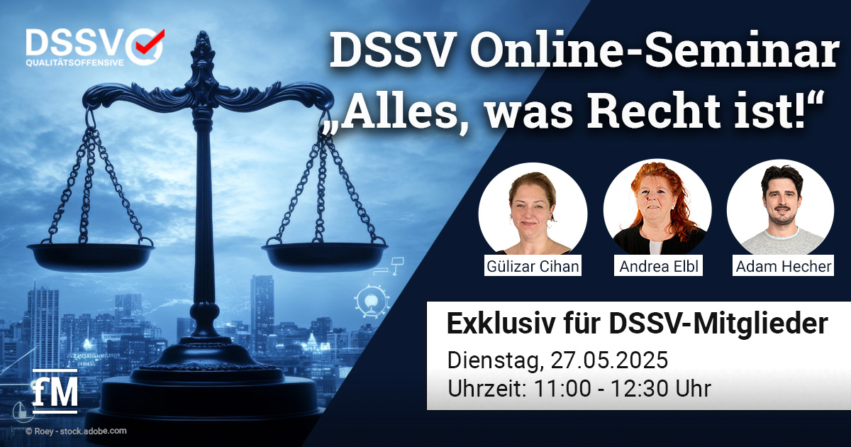 Grafik zum 'DSSV Online-Seminar – Alles, was Recht ist!'. Eine Waage vor Skyline im Hintergrund. Porträts der Referierenden Gülizar Cihan, Andrea Elbl und Adam Hecher mit Namen.