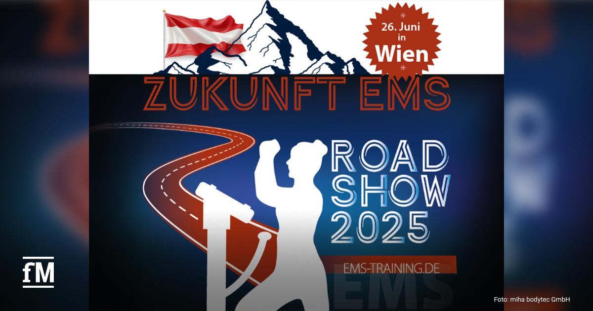 Werbegrafik zur 'Zukunft EMS Roadshow 2025'. Eine stilisierte Straße führt zu einem Rednerpult. Oben Berge mit österreichischer Flagge und Text '26. Juni in Wien'.