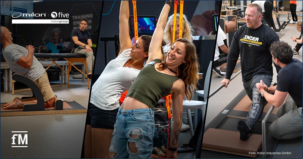Trainerin demonstriert eine Mobilitätsübung an einem five-Gerät während der milon & five Trainer Convention 'Mobilität' in einem funktionellen Trainingsbereich.