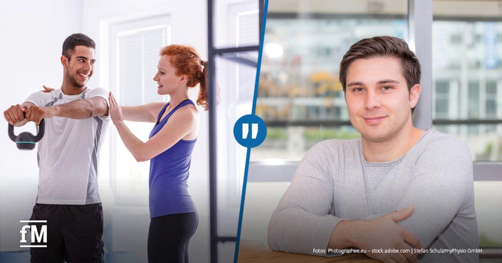 Ein geteiltes Bild: Links, eine Trainerin unterstützt einen jungen Mann beim Training mit einer Kettlebell. Rechts, ein Porträt von Stefan Schulz vor einer Fensterscheibe – er trägt einen grauen Pullover und lächelt dezent in die Kamera.