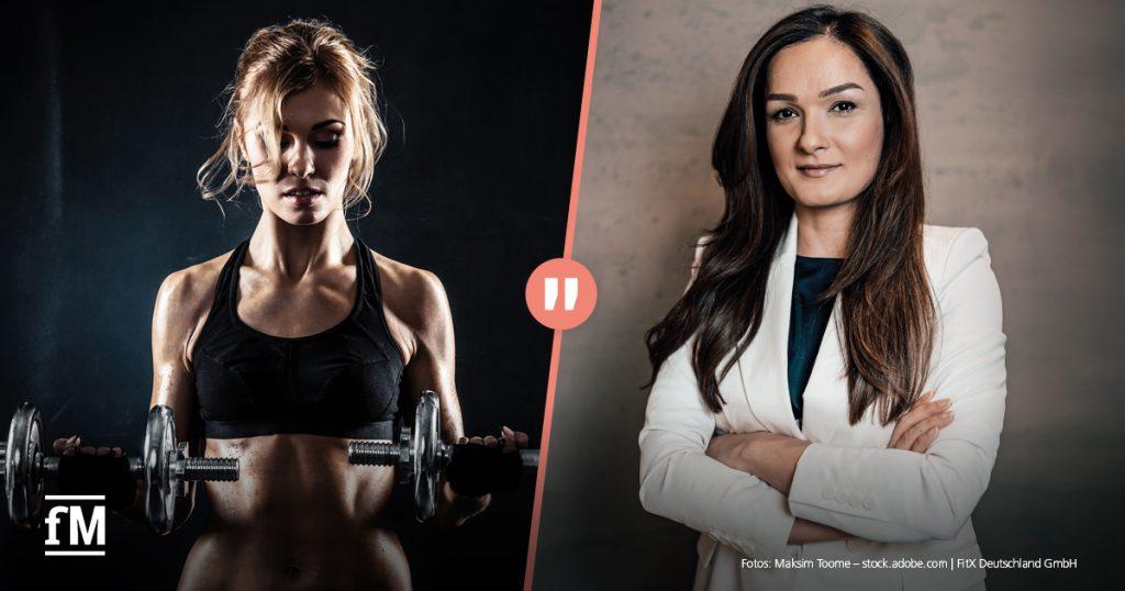 Links die sportliche Frau mit Hanteln. Rechts eine brünette Frau im weißen Blazer, die selbstbewusst in die Kamera blickt. Beide Bilder sind durch ein großes Anführungszeichen getrennt.