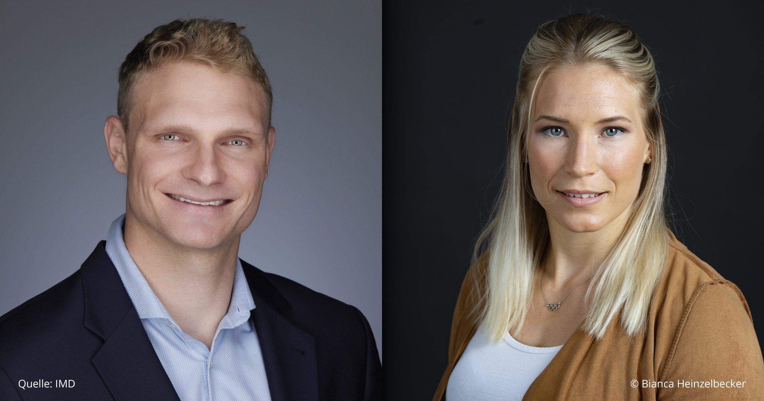 Zwei Porträtfotos, beide lächeln: links Oliver Zeidler mit blondem, kurzem Haar, im Anzug und Hemd, vor grauem Hintergrund. Rechts Aline Rotter-Focken mit langen, blonden Haaren, brauner Jacke und weißem Top, vor dunklem Hintergrund. Bildquellenhinweis: IMD und Bianca Heinzelbecker.