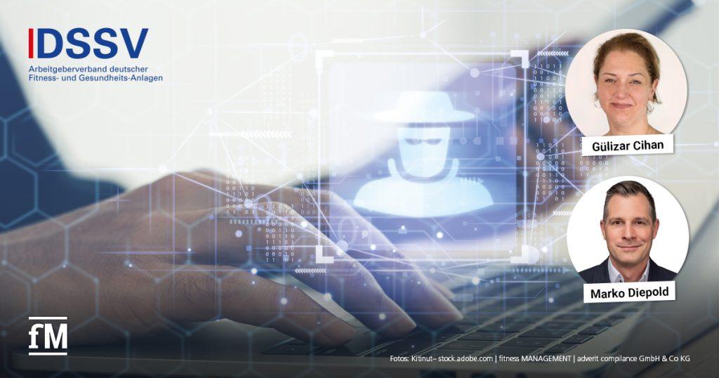 Hände tippen auf einer Laptoptastatur. Darüber liegt eine digitale Grafik einer Figur mit Hut und Sonnenbrille. Links oben ist das Logo des DSSV zu sehen. Rechts im Bild befinden sich die Porträts von Gülizar Cihan und Marko Diepold.