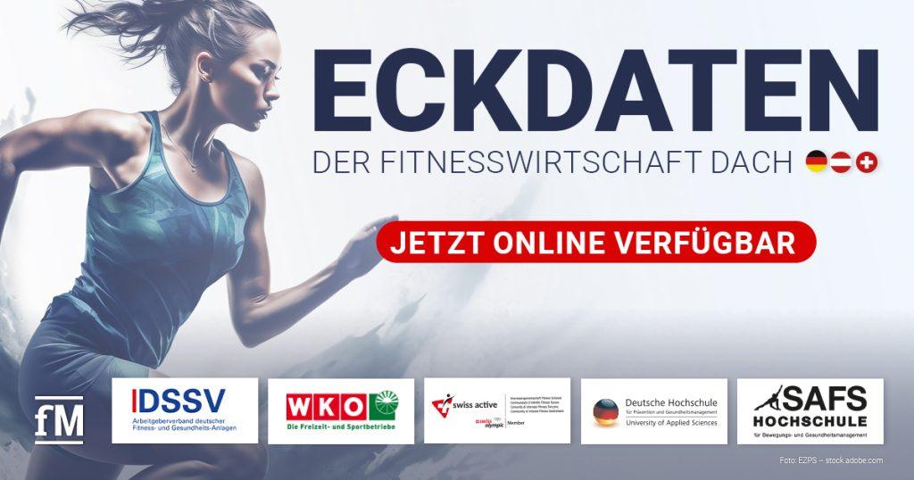 Sportliche Frau im Lauf-Outfit vor hellem Hintergrund mit Text 'Eckdaten der Fitnesswirtschaft DACH – Jetzt online verfügbar' und Logos von DSSV, WKO, swiss active, DHfPG und SAFS Hochschule.