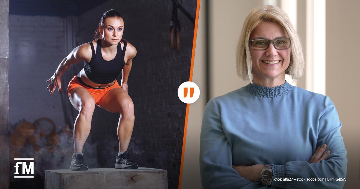 Zweiteilung: Links eine sportliche Frau in Fitnesskleidung springt konzentriert auf eine Holzbox in einem Trainingsraum mit Ziegelwand; rechts Portrait von Nicole Capelan mit blonder Bob-Frisur, Brille und blauer Bluse, die selbstbewusst mit verschränkten Armen dasteht.