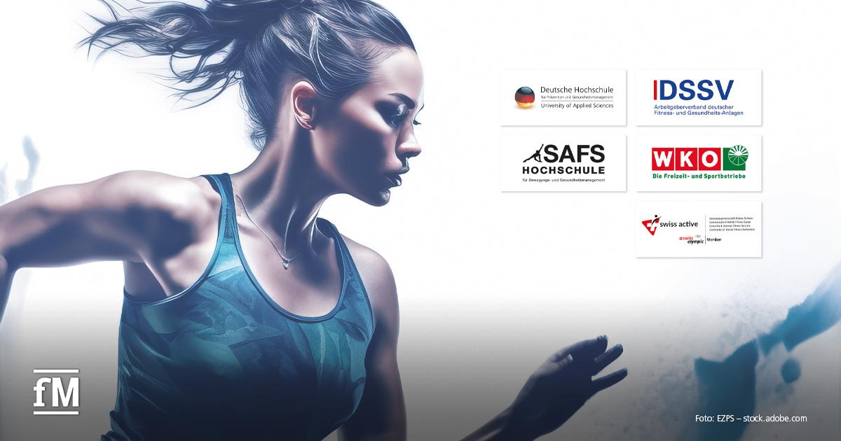 Foto einer sportlichen Frau in Bewegung neben den Logos der Studienpartner: DHfPG, DSSV, SAFS, WKO und swiss active.