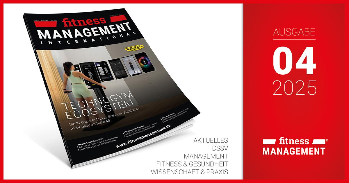 Titelbild der Zeitschrift 'fitness MANAGEMENT international'. Auf dem Cover ist eine Frau beim Training an einem digitalen Fitnessgerät von Technogym zu sehen. Rechts steht: 'Ausgabe 04/2025'.