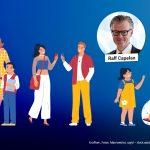 Illustration mit mehreren stilisierten Personen unterschiedlichen Alters, von Kindern bis Erwachsenen, auf blauem Hintergrund. Zwei kreisrunde Porträts rechts zeigen zwei Männer mit Namensbeschriftung: Ralf Capelan und Janosch Marx.