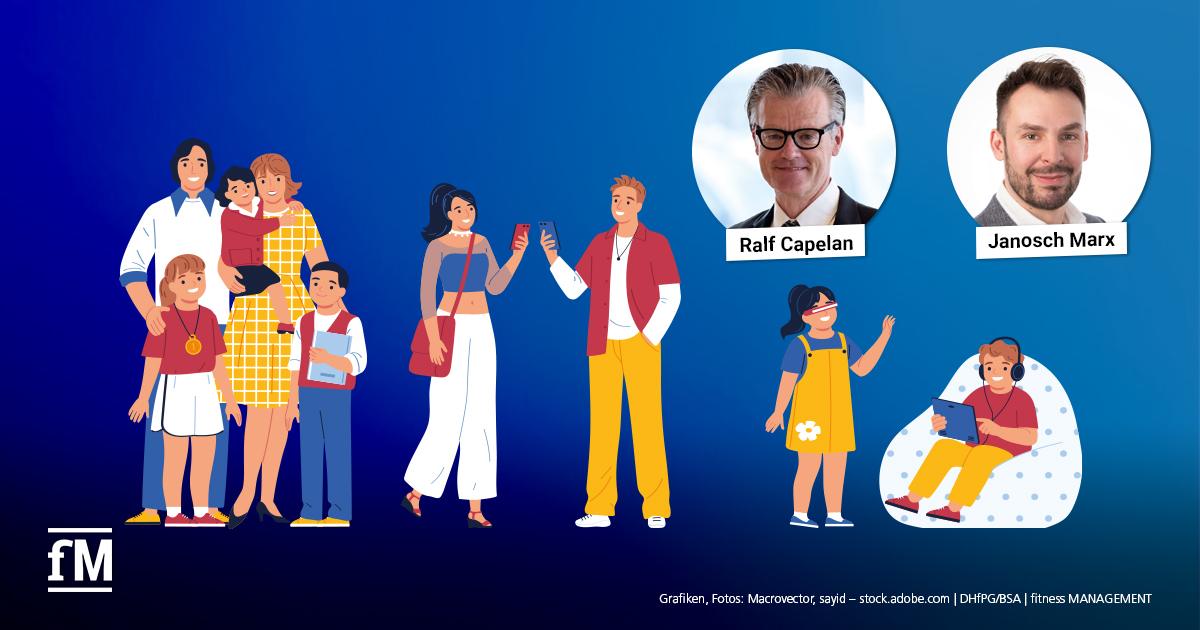 Illustration mit mehreren stilisierten Personen unterschiedlichen Alters, von Kindern bis Erwachsenen, auf blauem Hintergrund. Zwei kreisrunde Porträts rechts zeigen zwei Männer mit Namensbeschriftung: Ralf Capelan und Janosch Marx.