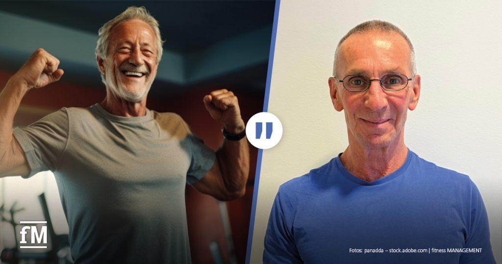 Splitscreen: Links im Bild hebt ein älterer Mann in Sportkleidung lachend beide Arme in Siegerpose. Rechts ist ein Mann mit Brille und blauem T-Shirt vor hellem Hintergrund zu sehen.