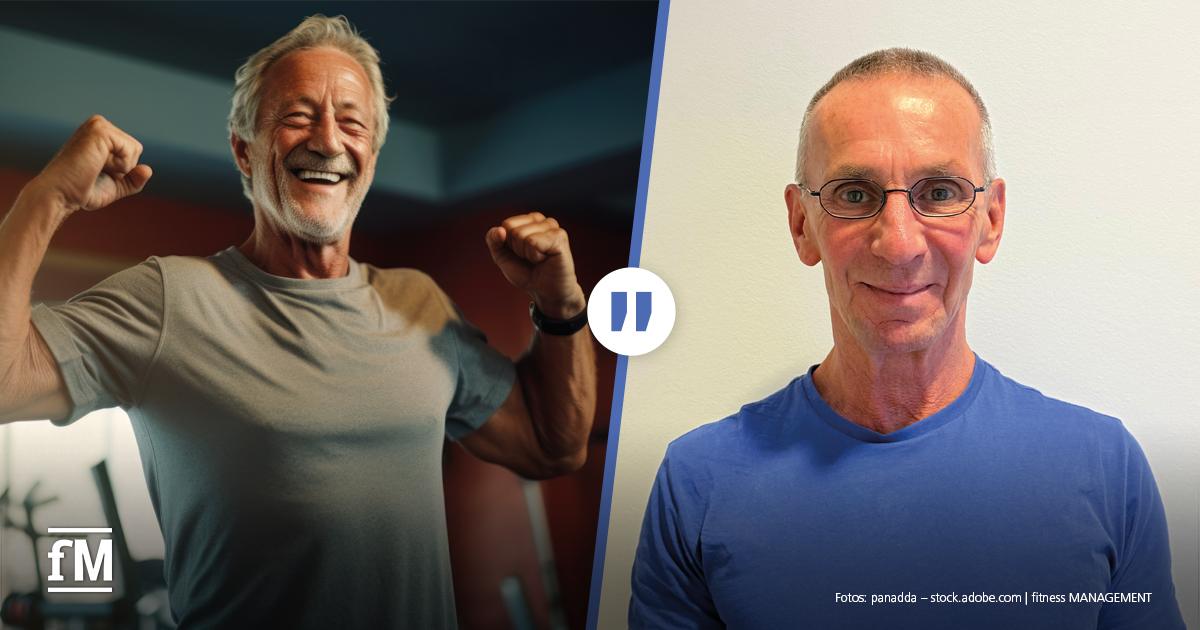Splitscreen: Links im Bild hebt ein älterer Mann in Sportkleidung lachend beide Arme in Siegerpose. Rechts ist ein Mann mit Brille und blauem T-Shirt vor hellem Hintergrund zu sehen.