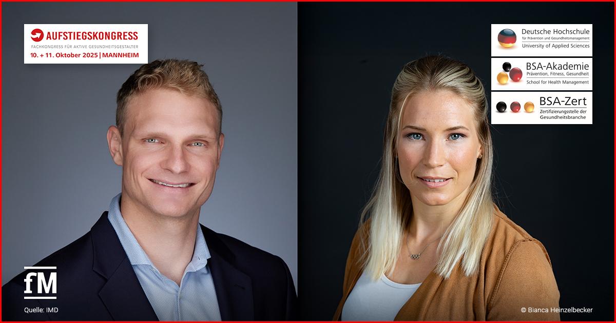 Porträtfoto eines lächelnden blonden Mannes im Anzug (Olympiasieger Oliver Zeidler) und einer blonden Frau (Olympiasiegerin Aline Rotter-Focken) in brauner Strickjacke vor neutralem Hintergrund, versehen mit Logos zum Aufstiegskongress 2025 in Mannheim