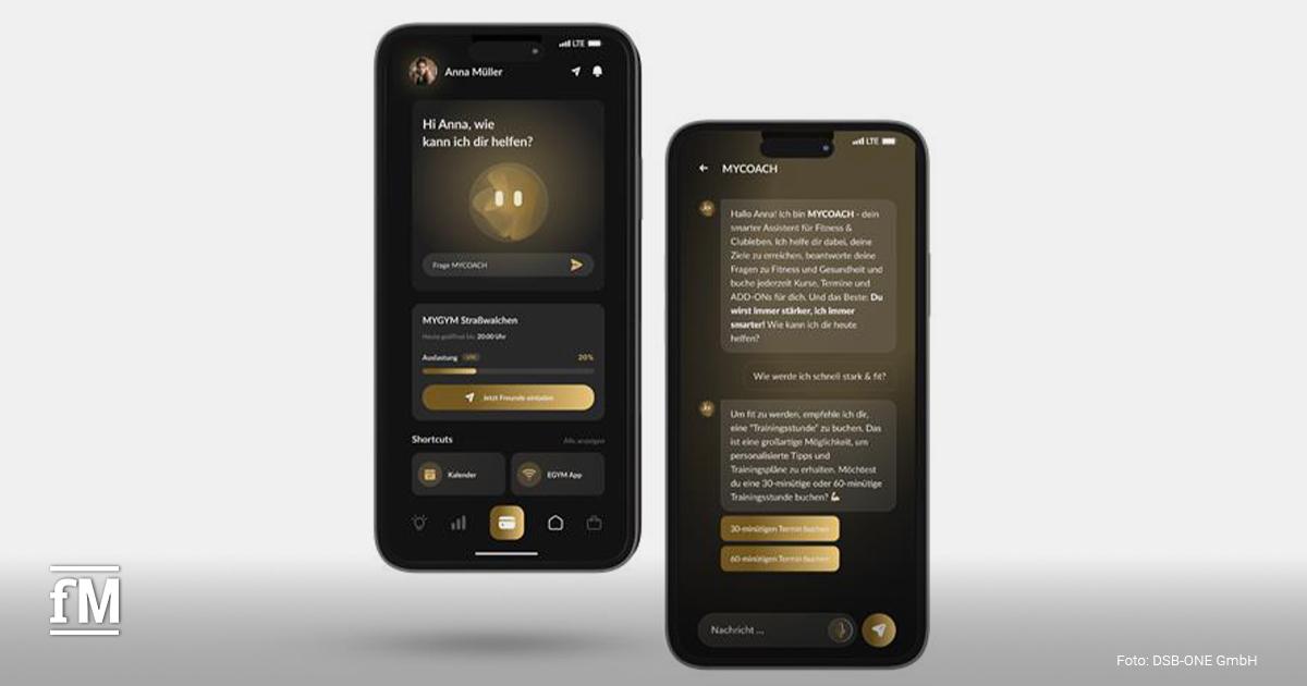 Zwei Smartphones mit geöffneter MYCOACH-App von DSB-ONE, die smarte Fitness- und Gesundheitsassistenz mit Chatfunktion und Kursbuchung zeigt