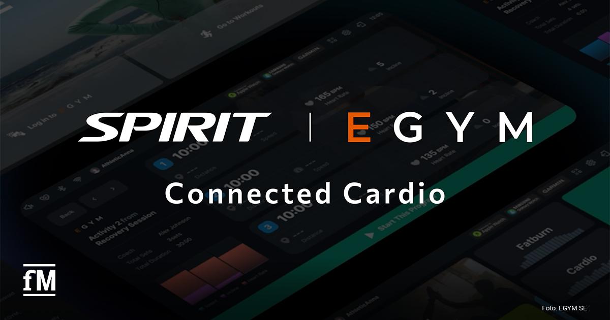 Grafische Darstellung der Kooperation von Spirit Fitness und EGYM. Im Bild sind App-Oberflächen mit Trainingsdaten sowie die Logos von Spirit und EGYM mit dem Schriftzug „Connected Cardio“ zu sehen.