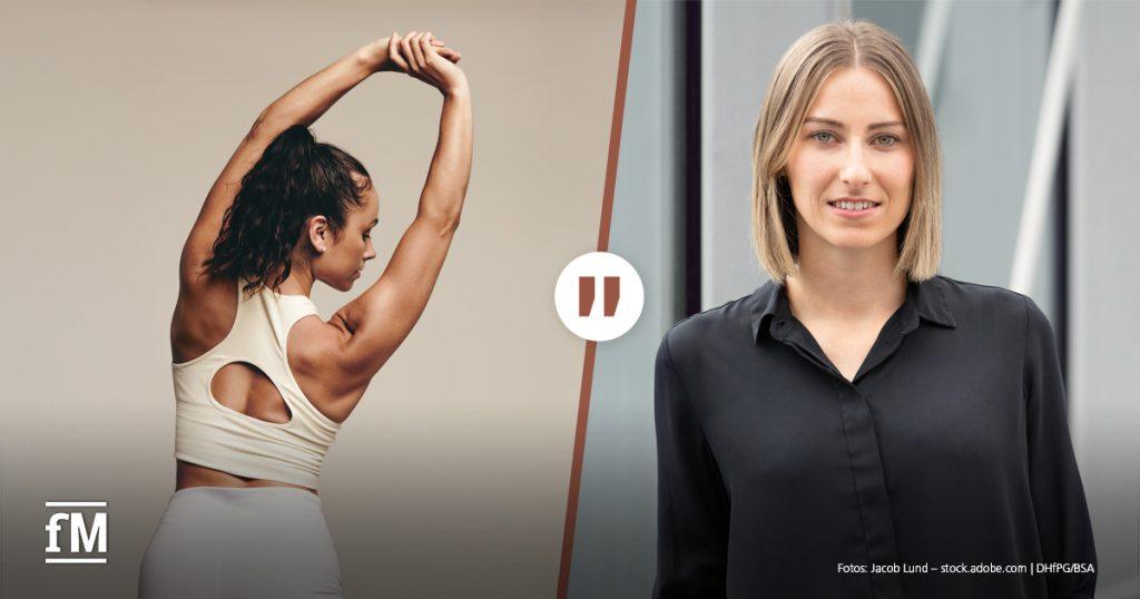 Splitscreen: Links eine Frau in Sportkleidung beim Dehnen, Rückenansicht mit erhobenen Armen und rechts: Porträt einer Frau in schwarzer Bluse, die in die Kamera lächelt.