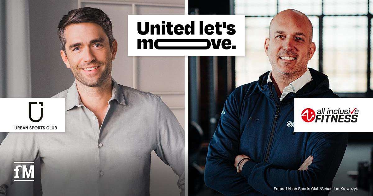 Zwei Männer (Benjamin Roth und Stephan Schulan) stehen nebeneinander, getrennt durch eine vertikale Linie; links trägt ein Mann ein graues Hemd, rechts ein Mann eine dunkle Sportjacke. Über ihnen steht der Schriftzug „United let's move.“. Links das Logo von Urban Sports Club, rechts das Logo von all inclusive FITNESS.
