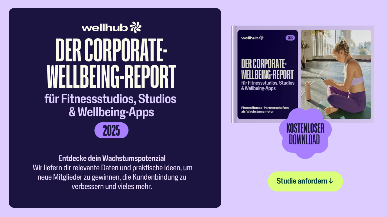 Grafik mit Vorschau des Wellhub-Reports 2025, lila Hintergrund und grünem Button 'Studie anfordern'.