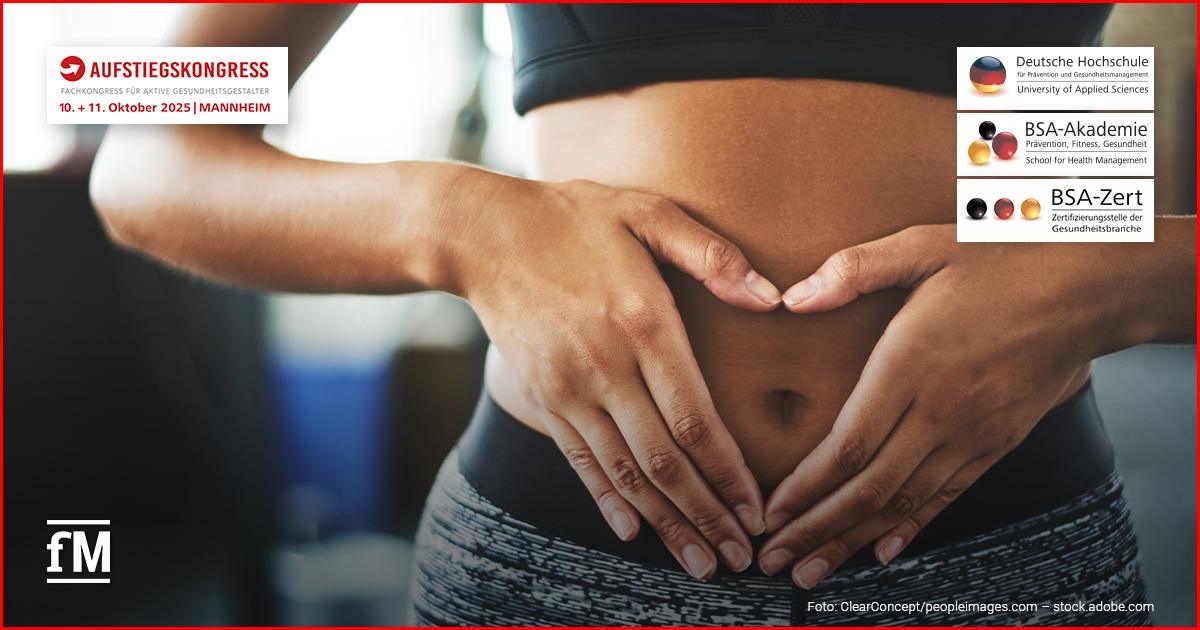 Nahaufnahme einer Sportlerin, die mit den Händen ein Herzsymbol über dem Bauch formt. Hinweis auf den Aufstiegskongress 2025 mit Fokus auf Darmgesundheit und körperliche Aktivität.
