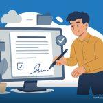 Grafik mit dem DSSV-Logo, einem gezeichneten Mann, der auf einem Bildschirm ein Dokument unterschreibt, und einem Foto von Autorin Andrea Elbl in einem Kreis