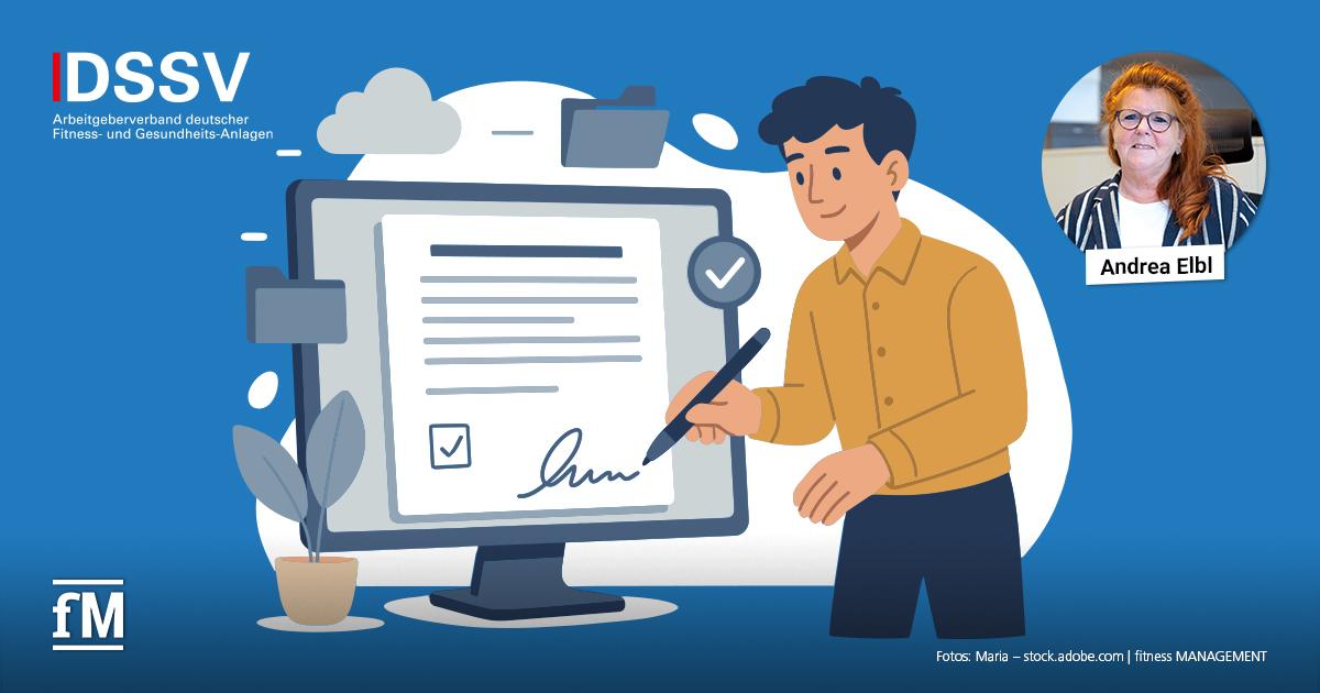 DSSV-Recht: Widerruf eines Fitnessvertrages Grafik mit dem DSSV-Logo, einem gezeichneten Mann, der auf einem Bildschirm ein Dokument unterschreibt, und einem Foto von Autorin Andrea Elbl in einem Kreis