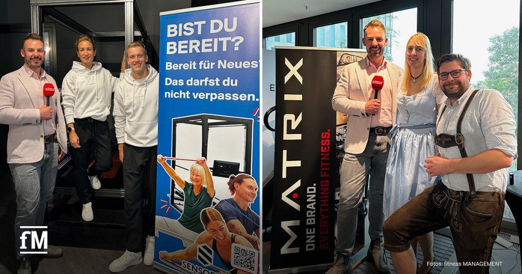 Geteiltes Bill: Link drei Menschen neben einem Banner, rechts auch drei Menschen neben einem Banner