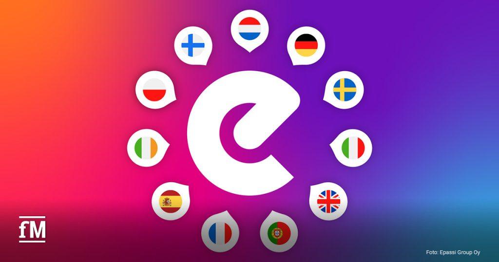 Großes weißes Epassi-Logo, umgeben von Symbolen mit europäischen Länderflaggen auf farbigem Hintergrund.