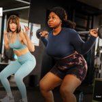 Zwei Frauen trainieren im Fitnessstudio: eine macht Kniebeugen mit der Langhantel, die andere unterstützt daneben. Fachartikel mit Porträts von Aline Pamsl und Prof. Dr. Markus Wanjek zum Thema Abnehmspritze.