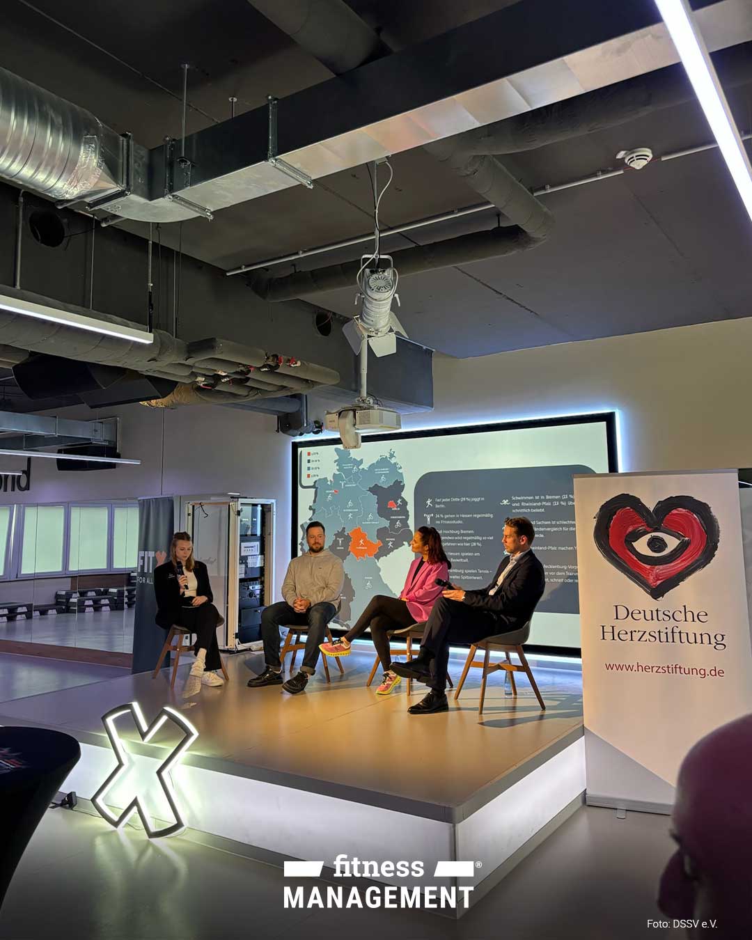 Vier Expertinnen und Experten sitzen auf einer Bühne bei einer Podiumsdiskussion der Deutschen Herzstiftung und FitX zur Studie ‚Wie fit ist Deutschland?‘