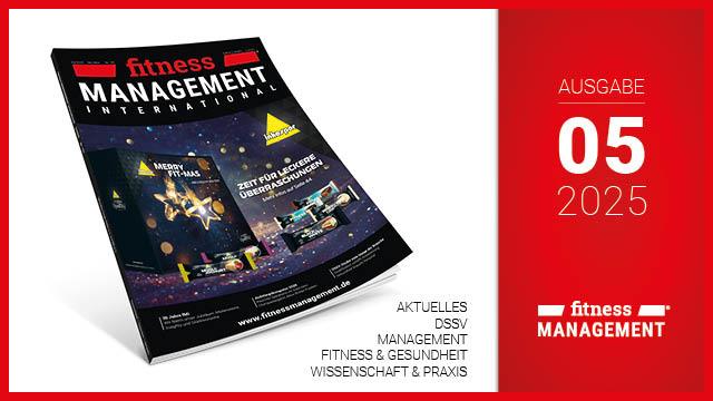Titelbild der Zeitschrift 'fitness MANAGEMENT international'. Auf dem Cover ist ein Adventskalender mit Proteinriegeln von inkospor Deutschland. Rechts steht: 'Ausgabe 0452025'.