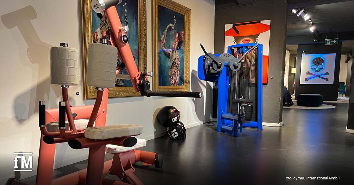 Raum mit roten und blauen Fitnessgeräten und mehreren Kunstwerken an der Wand.